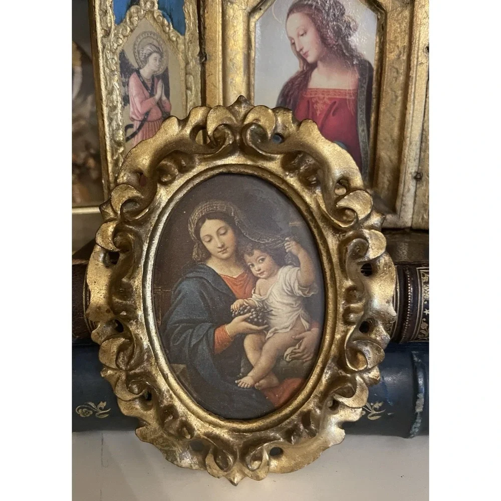 Vtg Italian Florentine Madonna Of The Grapes Gold Gilt Wood 4